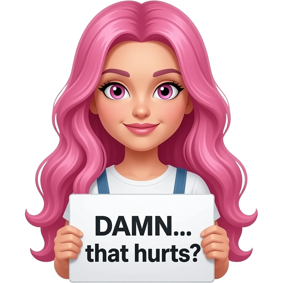 sexy girl with long pink hair and pink eyes holding DAMN... that hurts sign emoji