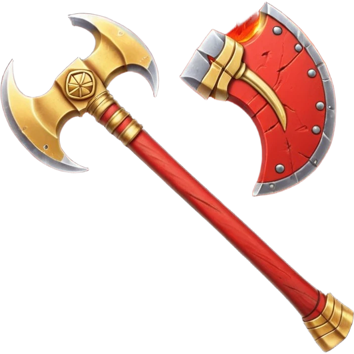 Ares battle axe object icon, ancient Greek war god axe, double-bladed heavy axe, red and gold metal, battle-worn scratches, glowing red accents, 3D cartoon, mobile game icon style, centered, clean background, soft shadow, no text, no watermark

 emoji