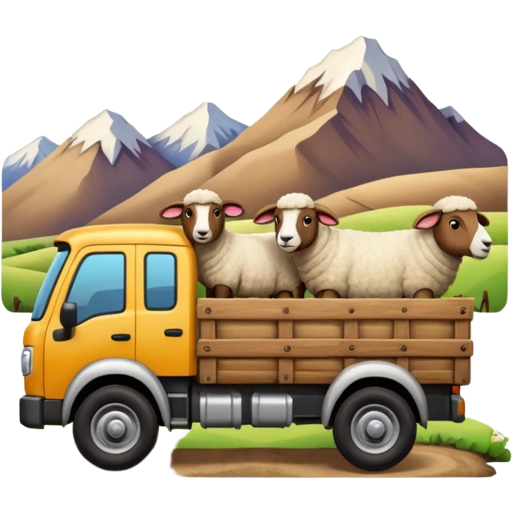 Cartoon 3D emoji of a Peruvian rural truck transporting sheep in the back, wooden cargo bed, Andes mountain landscape, dusty countryside road, glossy finish, bold outlines, vibrant natural colors, sticker design, transparent background emoji