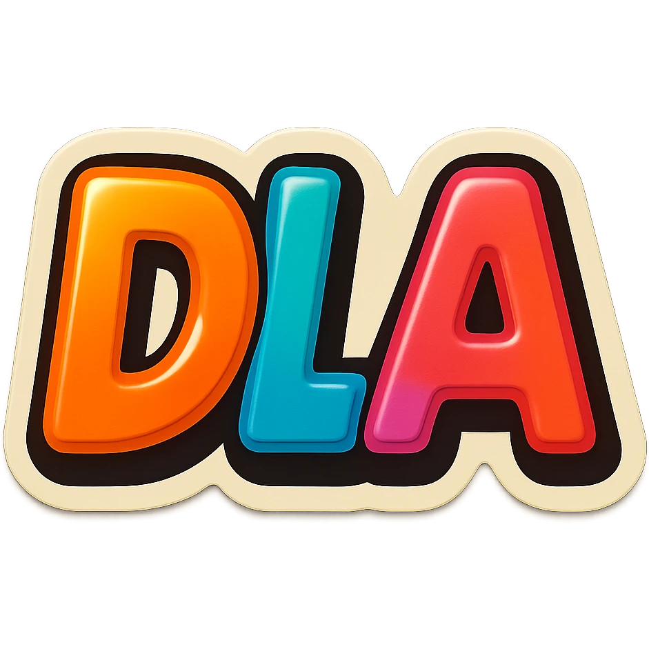 bold retro sticker-style logo with the letters 'DLA' in vibrant playful colors, outlined for a sticker effect, subtle sparkles, slight 80s vibe emoji