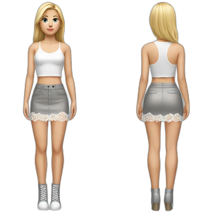 hyperrealistic caucasian female, long straight blonde hair, white lace up crop top, grey mini skirt, body view emoji