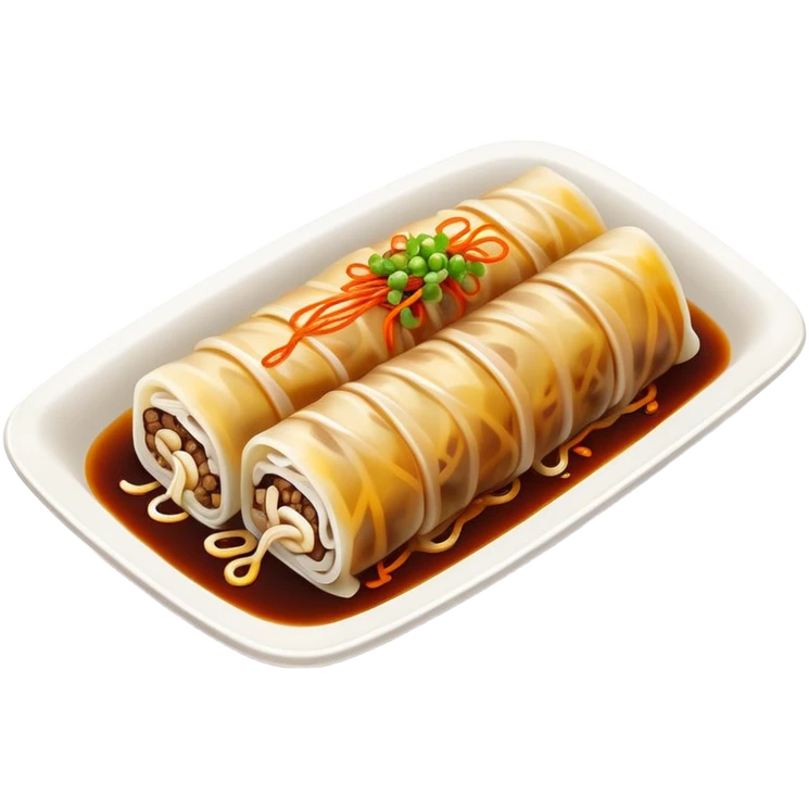 Beef rice noodle roll Ngau Yuk Cheung Fun with dark sauce drizzled on top, simplified emoji style with bold outlines and bright colors, cartoon style Cantonese street food emoji