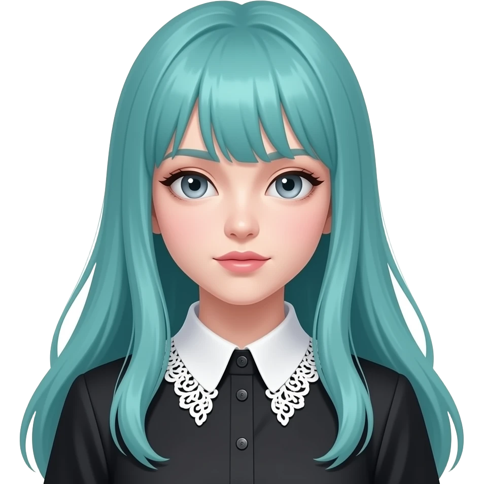 girl, breathing, long flowing teal hair, grey eyes, black shoulder cyberpunk blouse with fancy white collar emoji