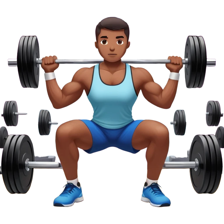 A person lifting weights in a well-equipped gym, focused and determined. The scene highlights muscle definition and strength, with exercise equipment like dumbbells and kettlebells nearby. The background is energetic, with bright lights and motivating colors, showcasing dedication and power. emoji