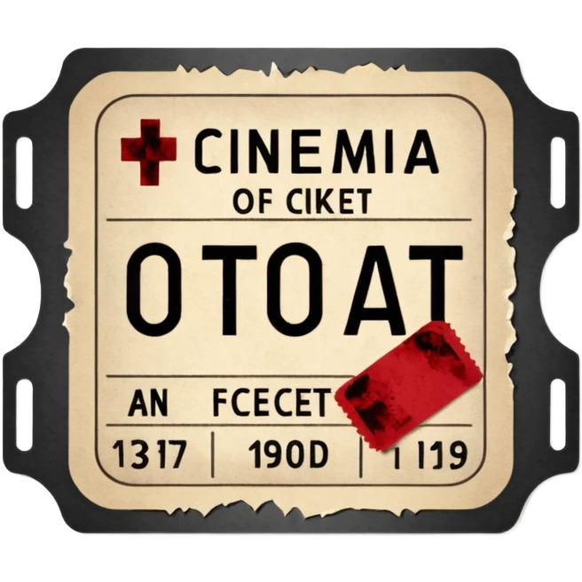 Minimalist emoji-style sticker of an old torn cinema ticket, with faded text “1 билет”, blood-stained edges and burn holes, grayscale paper

 emoji