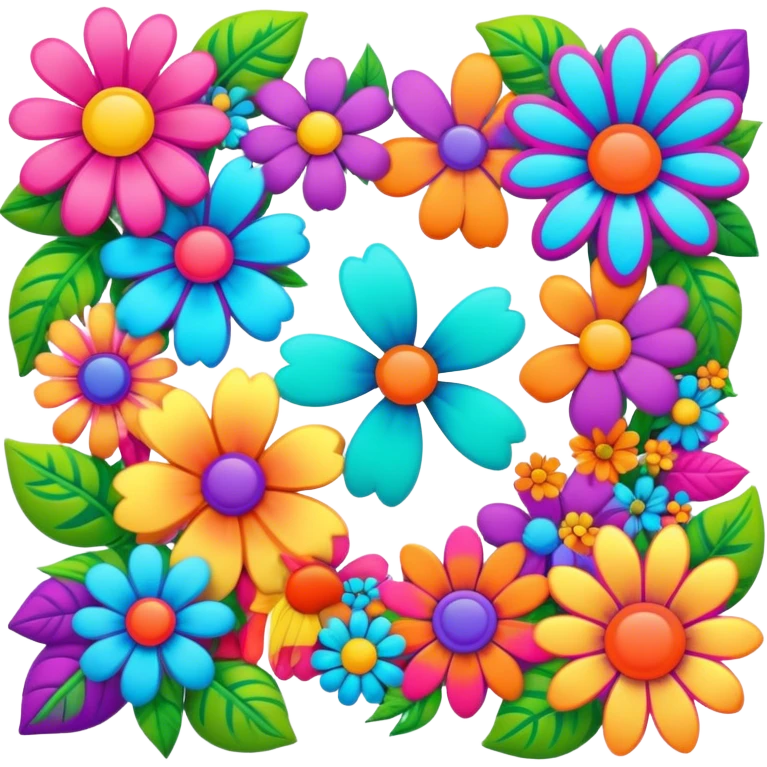 3D, psychedelic colored hippie style corner flower border emoji
