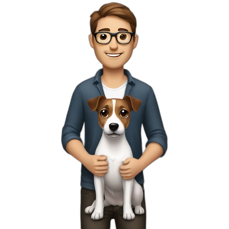 Man with modern cut brown hair with glasses with jack russell terrier dog emoji