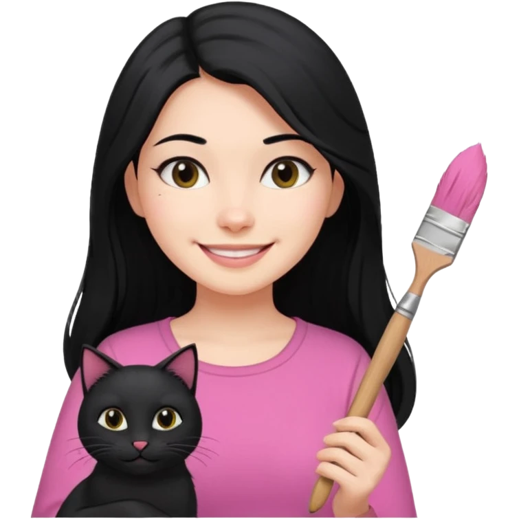 Painting women. smilling   Long black hair,  lunette peinture top pink, pinceau with is black cat  emoji