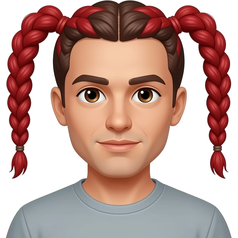 Faz me um homem com 2 tranças vermelhas com elas para traz da cabeça para que n apareça sem barba com olhos castanhos emoji