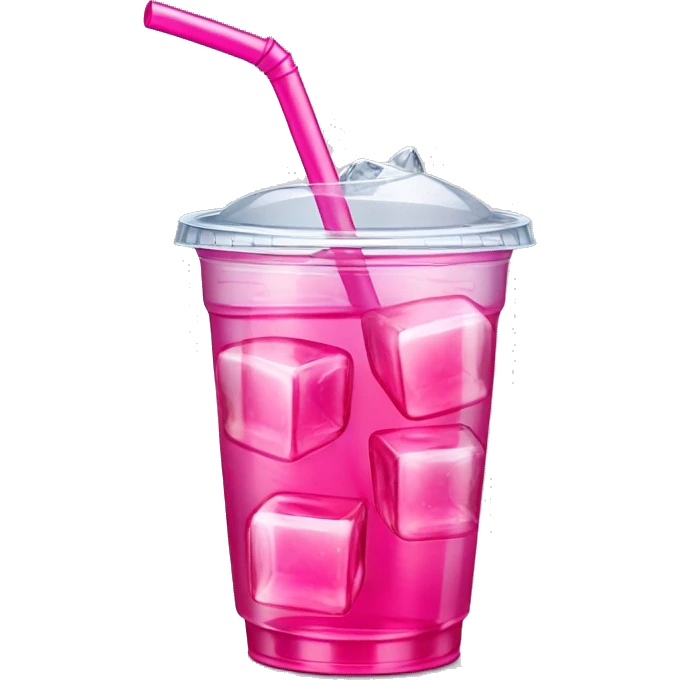 Realistic see through plastic cup and lid with Transluscent hot pink soda,straw and large ice cubes inside. emoji