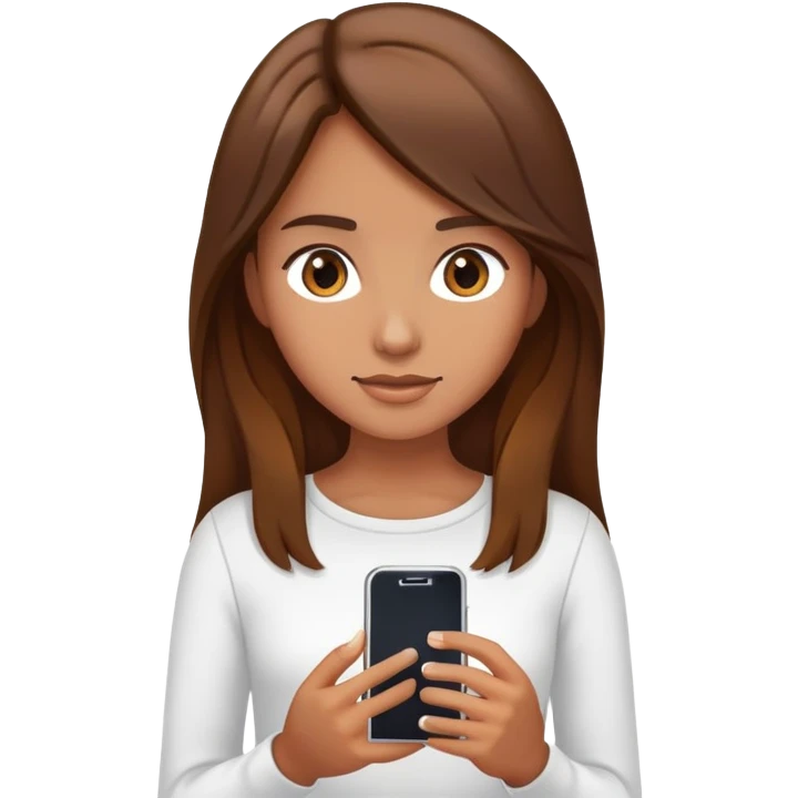 girl with long brown hair wearing a white top holding a smartphone emoji