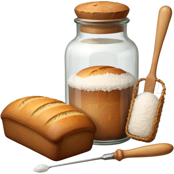 a one victorian bottle of salt and a loaf of bread - crochet needles and a ball of wool emoji