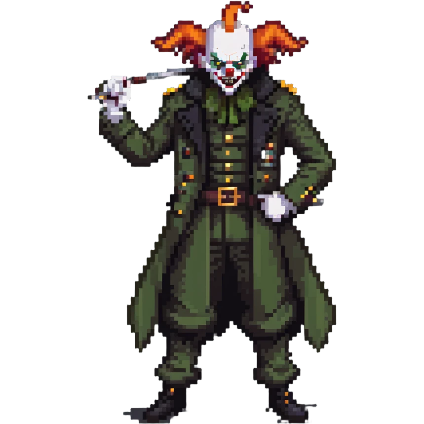 evil clown soldier, bald, black horns on forehead, angry expression, showing fangs, pointed ears, eye patch over one eye, long coat over black and military green clothes with bellbottom pants, tail, holding a different style of whip, realistically proportioned, less bulky, full body, fighting stance emoji