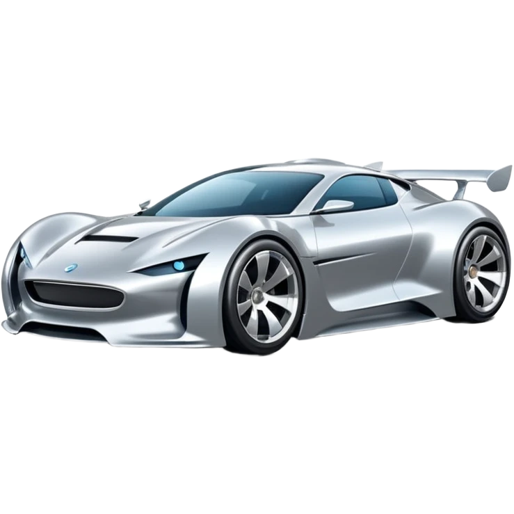 A low-profile futuristic car emoji made of polished silver chrome, wide body stance, smooth aerodynamic shape, glossy metallic surface, soft reflections, luxury swag aesthetic, minimal details, iOS emoji style, centered on clean white background, studio lighting emoji