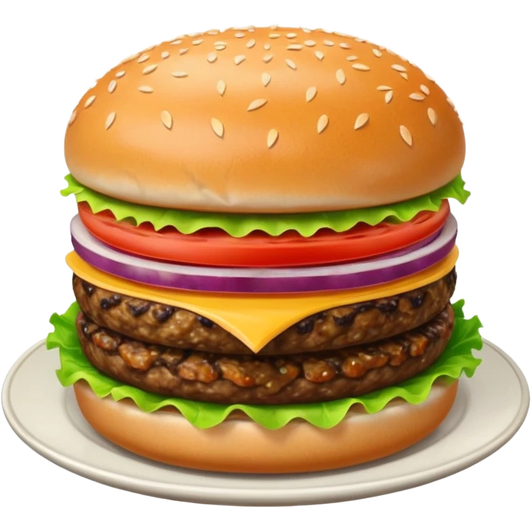 Draw a hamburger on a plate using a front camera with a 10-degree angle from the ground, ensuring the object remains stationary without rotation or tilt. emoji