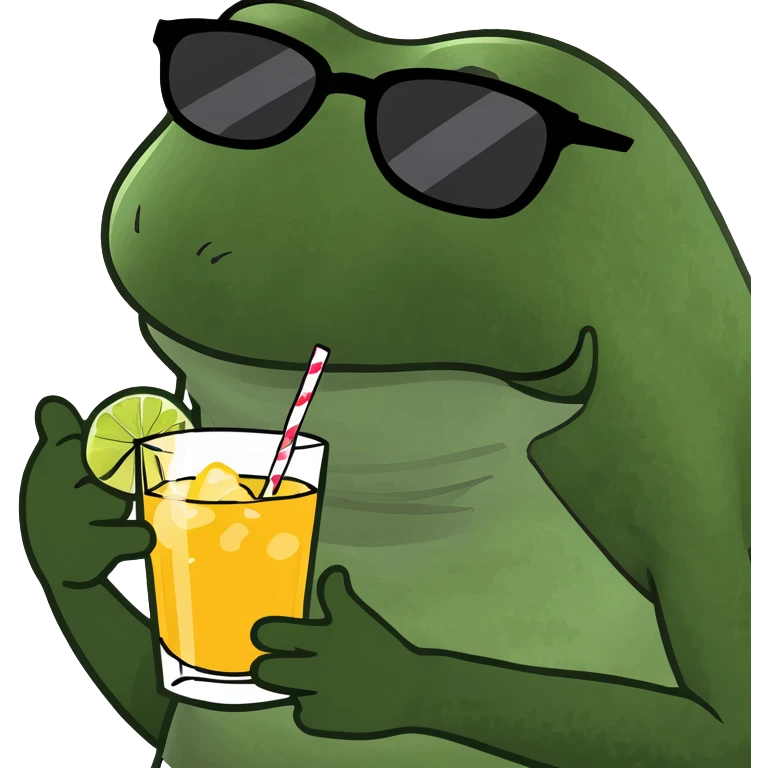 bufo frog relaxing on sand with sunglasses and a drink emoji