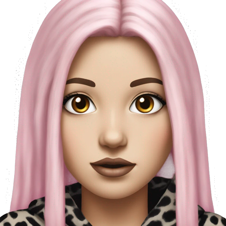 Hyperrealistic white girl with long black hair with a pink fringe and has eye makeup on, she is wearing a black and leopard print hoodie  emoji