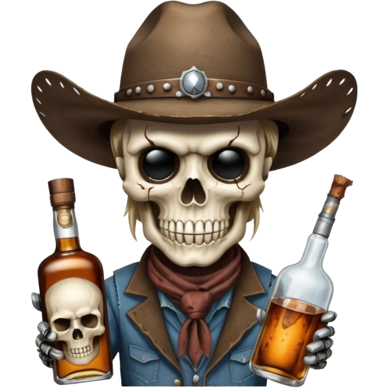 A rough and tumble cowboy with a 6 shooter and a bottle of whiskey. From the view of a bird looking down on the cowboy. Make the graphics dark and gritty in the style of your beeding skull art. Just a skull with a cowboy hat this rime emoji
