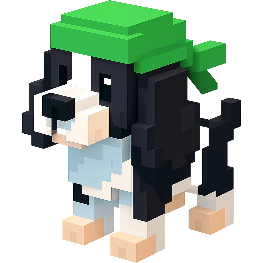 A black and white Russian Cocker Spaniel puppy wearing a green durag, facing left emoji