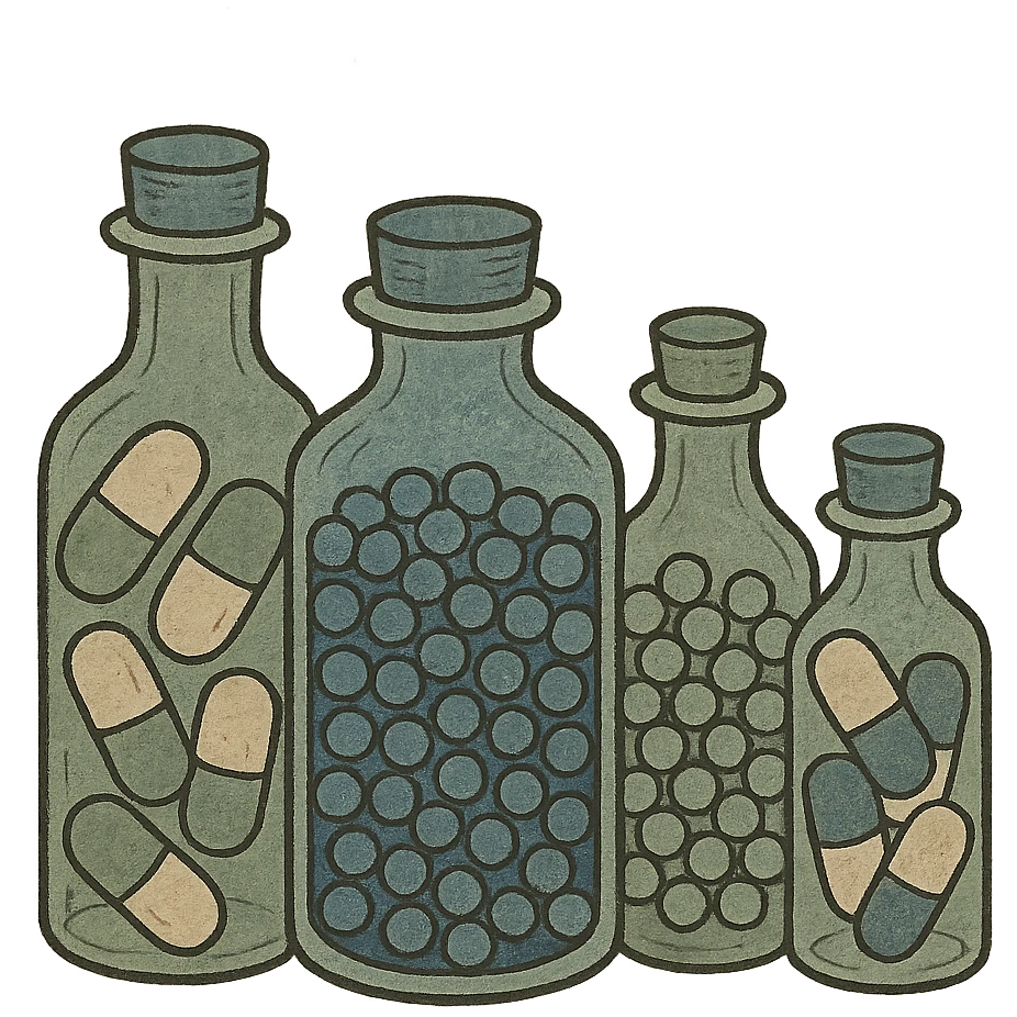 glass Bottles of medicine pills all of different colours emoji