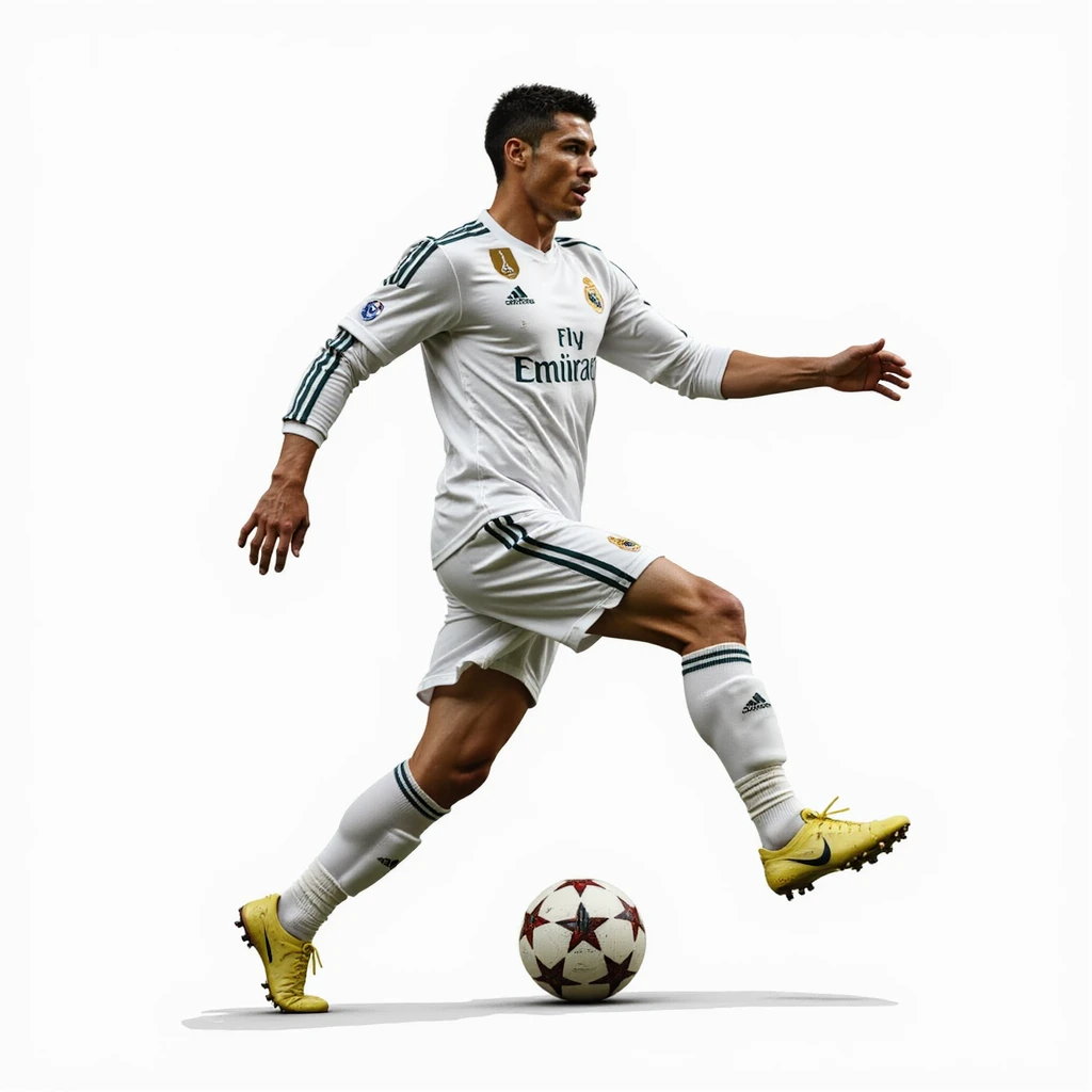 realistic illustration of a football player inspired by Cristiano Ronaldo, in action, wearing a classic white kit, dynamic pose, photorealistic style emoji