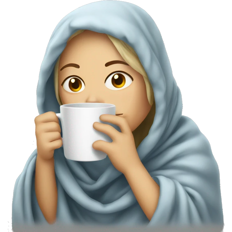 sick white woman in a blanket drinking from a hot cup emoji