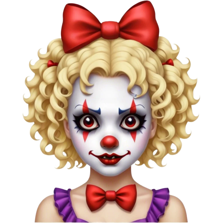 Very scary dark makeup evil clown girl with bionde short curly hair with bow on side of head in hair  emoji