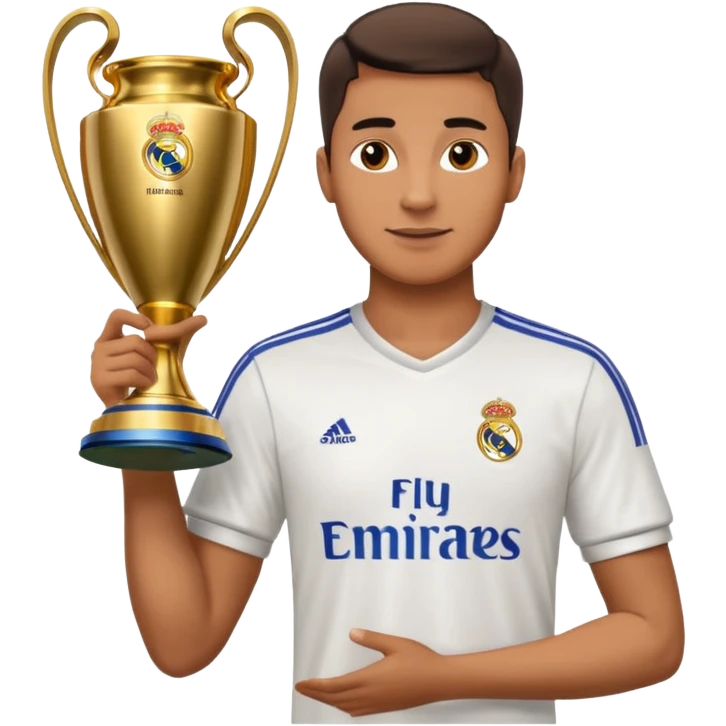 Человек в футболке футбольного клуба Real Madrid. Держащий кубок лиги чемпионов emoji