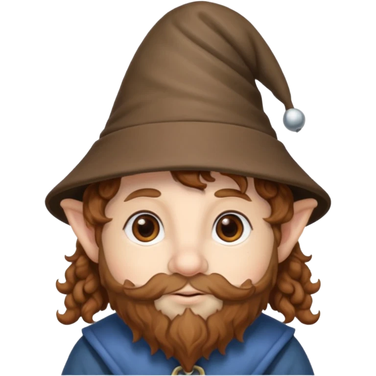 Gnomo con capelli ricci marroni, occhi marroni e cappello a punta emoji