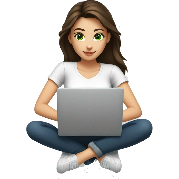 a young brunette woman with green eyes, wearing a white T-shirt, writing on her laptop in front of her emoji