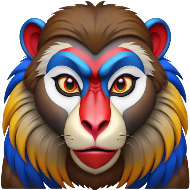 Cinematic Noble Mandrill Portrait Emoji, Poised and regal, with a striking, powerful build and a vivid, multicolored face accented by bold blue, red, and yellow hues, deep-set soulful eyes, Simplified yet sharp and sophisticated features, highly detailed, glowing with a vibrant, dignified glow, high shine, intelligent and commanding, stylized with an air of exotic majesty, focused and attentive, soft glowing outline, capturing the essence of a watchful and confident primate, so majestic it feels as though it could step out of the screen with effortless authority! emoji
