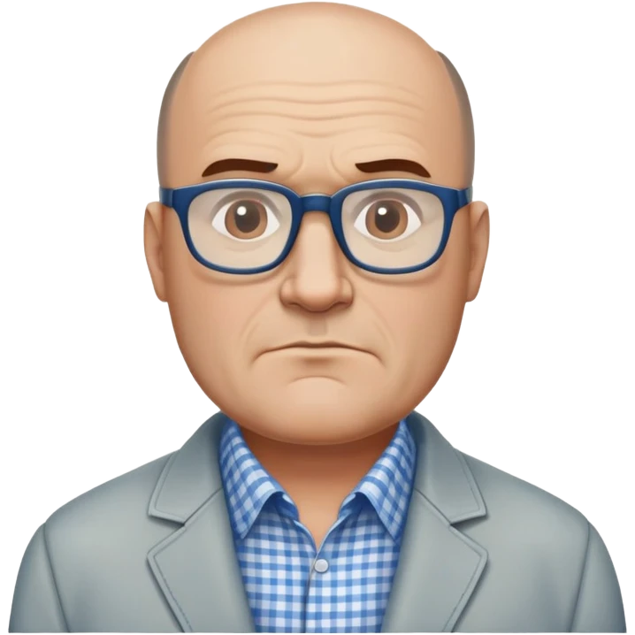 50-year-old heavyset man with wide face and prominent square jawline. Hair only on top of head with completely bald sides (horseshoe pattern baldness). Large dark square glasses. Serious-relaxed expression. Light gray jacket that fits his larger frame, white shirt with blue checkered pattern. emoji