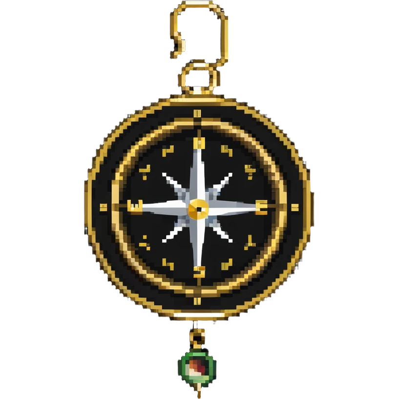 iOS compass device with gold frame and directional markers hanging from a white ribbon emoji
