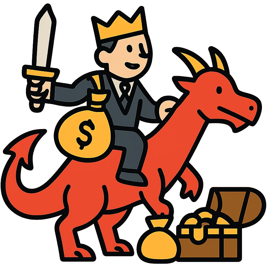Red dragon-riding business warrior with sword and gold crown. Fantasy RPG style merchant king with money bags and treasure. emoji