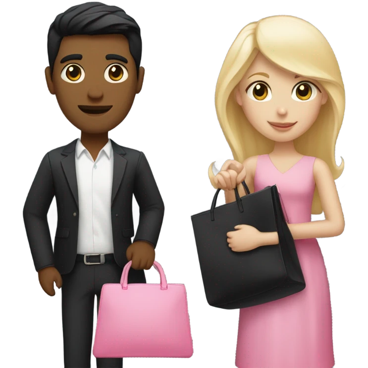 Tender couple blonde girl with black dress and pink bag, straight man black hair a little dark emoji