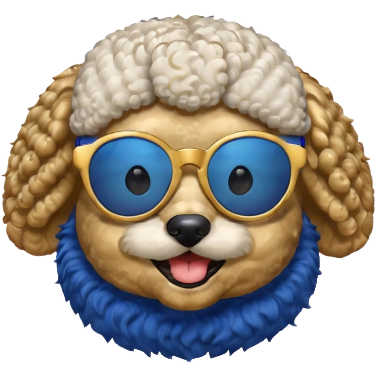 Royal Blue and gold white poodle wearing big royal blue and gold sunglasses  emoji