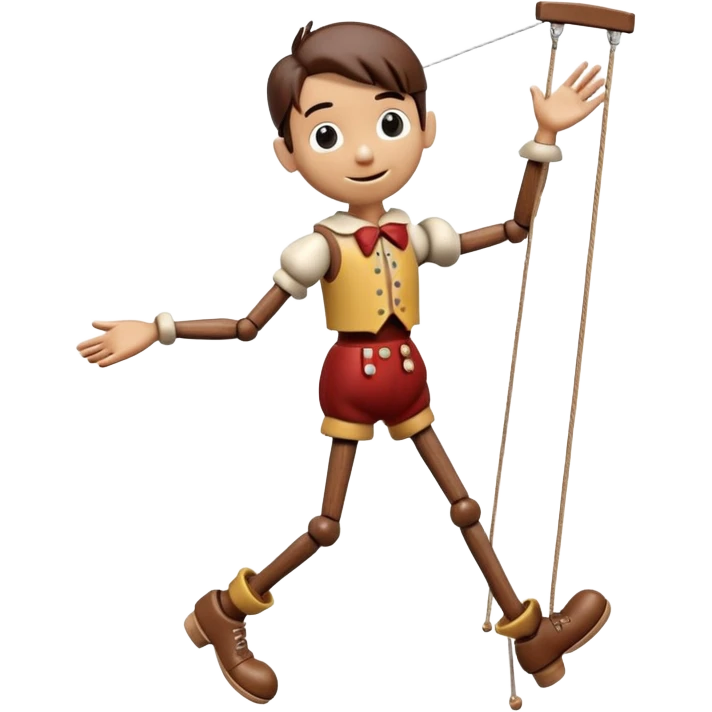3D render of Pinocchio Boy as a wooden marionette puppet, Long nose, wood grain skin, strings, silver metal screw joints at elbows and knees, polished brown wood texture, rigid toy pose, Apple emoji style, isolated on white background --v 6.0. emoji