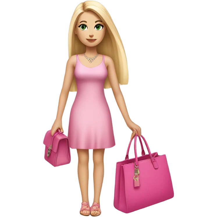 Realistic White girl with Long straight blonde hair, green eyes, tattoos, full body wearing pink dress, holding pink handbag emoji