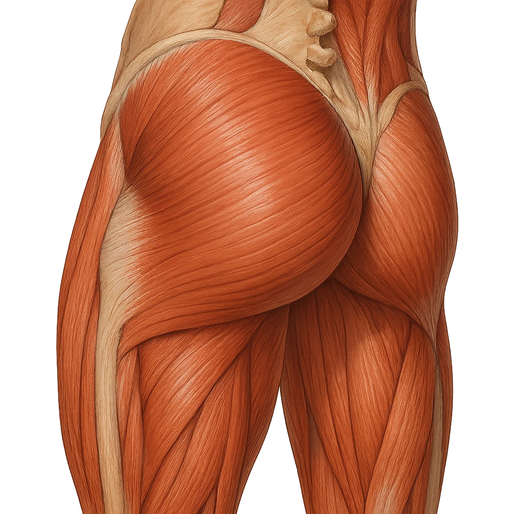 detailed anatomical illustration of the human gluteal muscles, with surrounding muscles partially visible, realistic colors, educational style, no text emoji