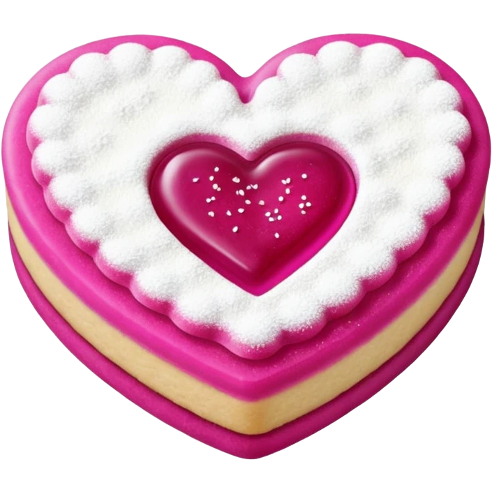 Realistic shortbread cookie in the shape of a heart with Fuchsia color jelly middle filling and sprinkled powder sugar on top. emoji