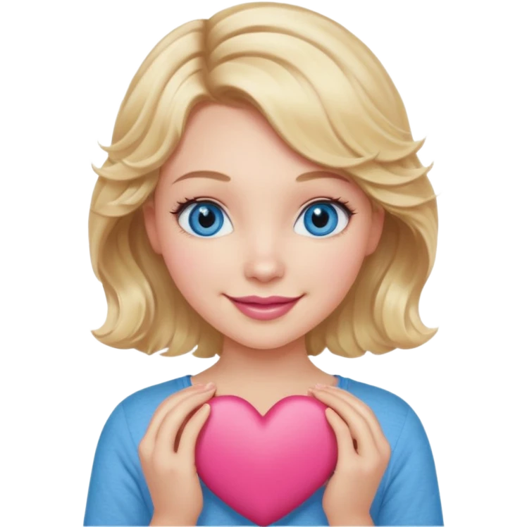 Girl Blonde short wavy hair,  blue eyes, cute blue top, long lashes, pink lips, smiling, holding a big heart emoji