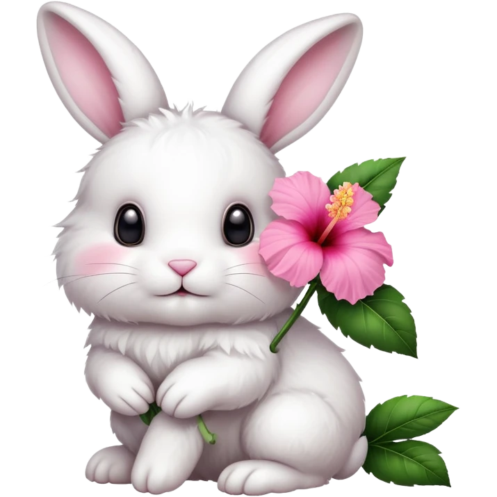 White bunny posing cutely with pink hibiscus flower on ear emoji