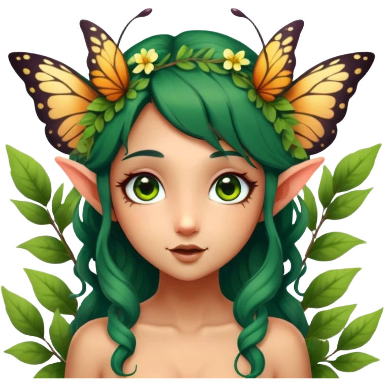 Cinematic Realistic Forest Nymph Fairy Portrait, head tilted playfully and inquisitively, showcasing a nature-inspired form with intricately detailed, sunlit tanned skin and cascading dark green hair interlaced with leaves and blossoms showing her large butterfly wings from her back. Her bright, curious eyes sparkle with forest mischief, rendered with lifelike clarity and warm, dappled lighting that captures the spirit of an enchanting woodland fairy ready to dance among the trees. emoji