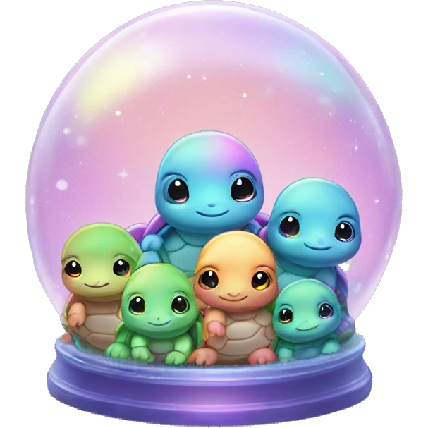 Kawaii rainbow pastel family of turtles in neon snow globe  emoji