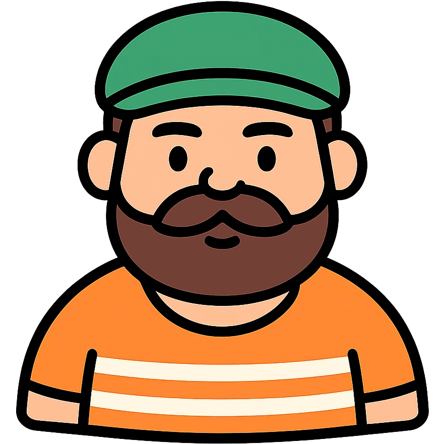 modern icon style character with mustache, chubby, medium eyebrows, connected beard and mustache, wearing an orange shirt with white stripes, and a green grandpa hat emoji