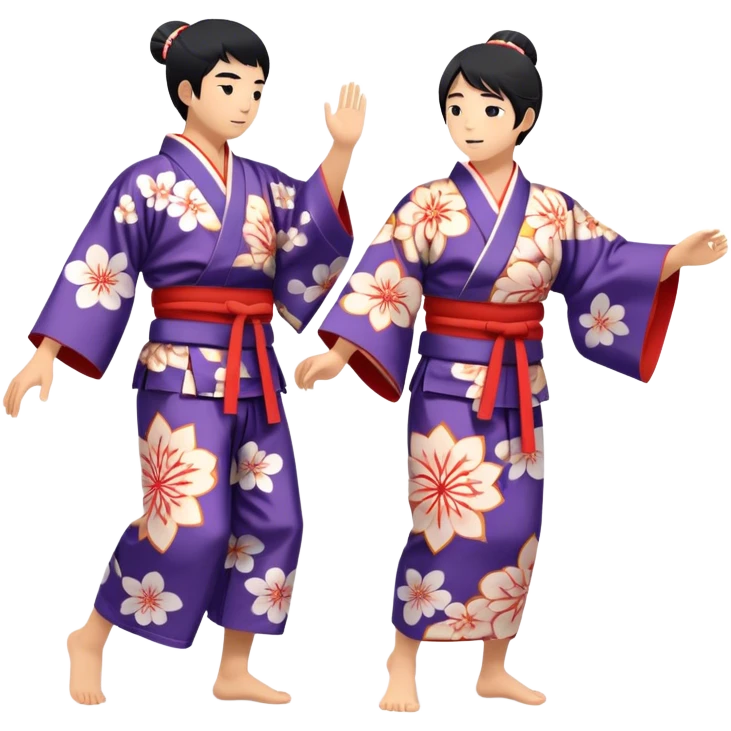 Cinematic Realistic scene of two performers engaging in Bon Odori, dressed in traditional yukata with intricate summer patterns, captured in graceful, rhythmic motion with warm, festive lighting emoji