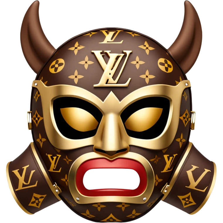 luxury Louis Vuitton luchador mask with LV monogram pattern and brown leather emoji