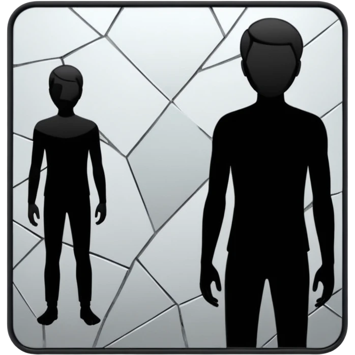 Minimalist emoji-style sticker of a person standing in front of a cracked mirror. The mirror shows a dark shadowy silhouette or distorted figure instead of a reflection. Flat black and white design with muted gray tones. No text. Bold, clean lines. Square composition. No shading or gradients. emoji