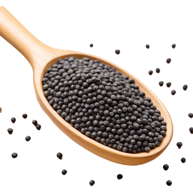small black chia seeds in a wooden spoon emoji