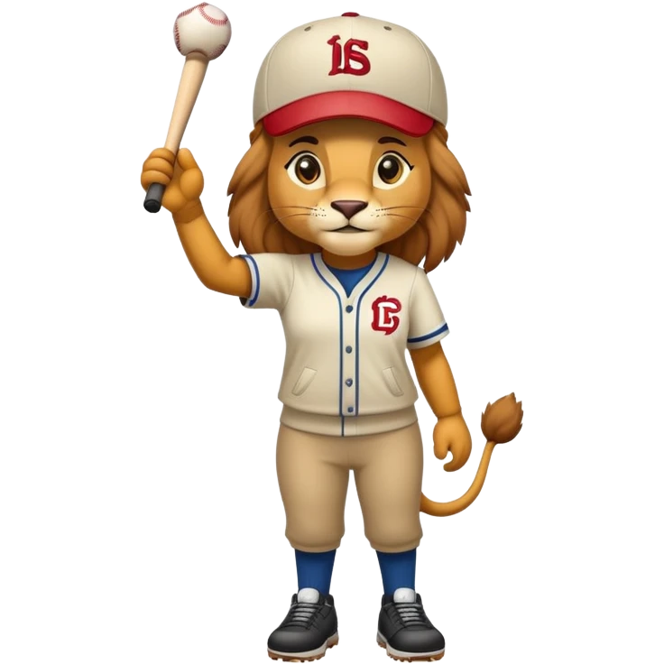 full-body friendly anthropomorphised female lion wearing a baseball cap emoji